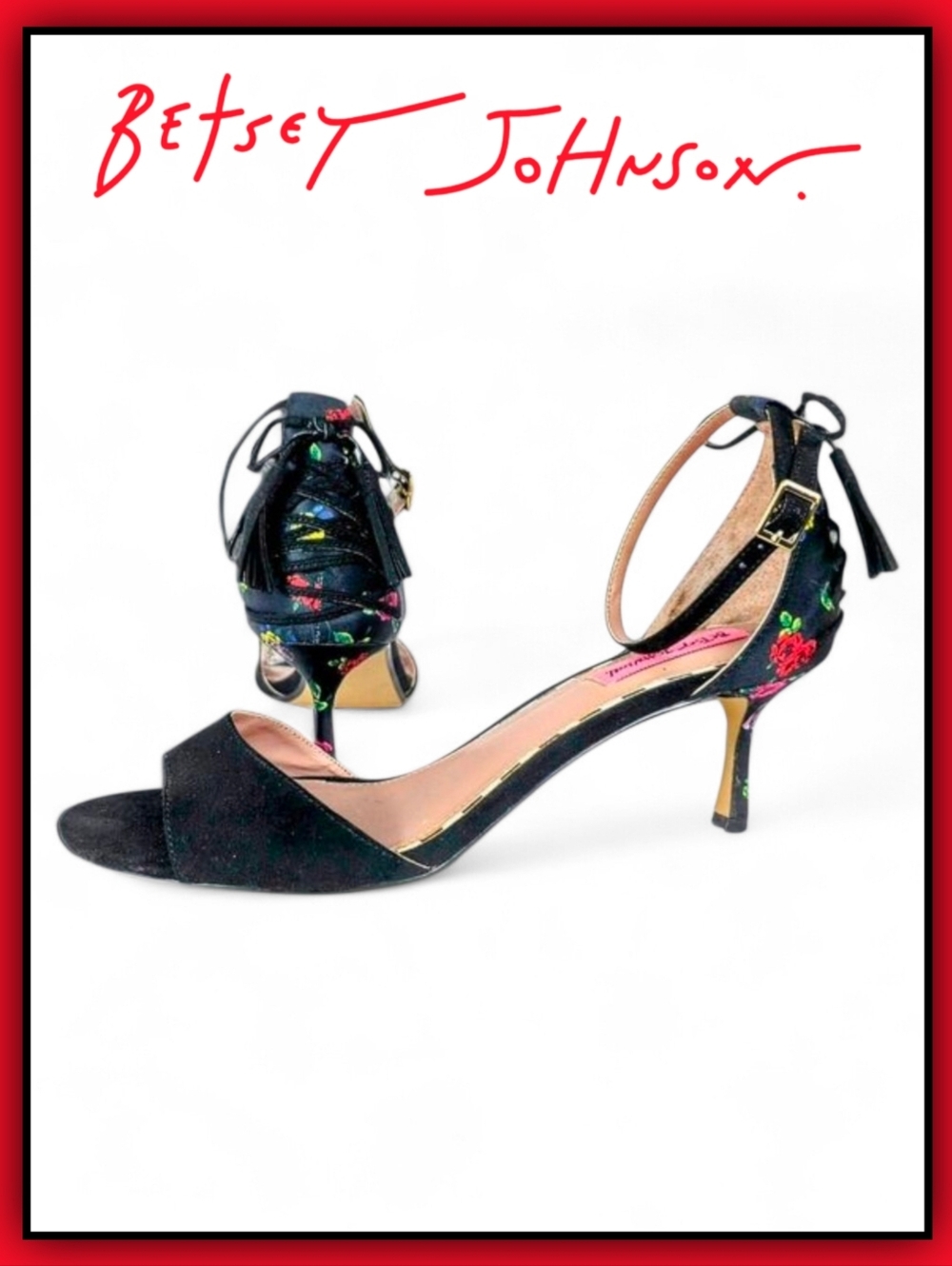 Betsey Johnson Ressy Black Faux Suede Fabric Floral Sandle Heels size 11
